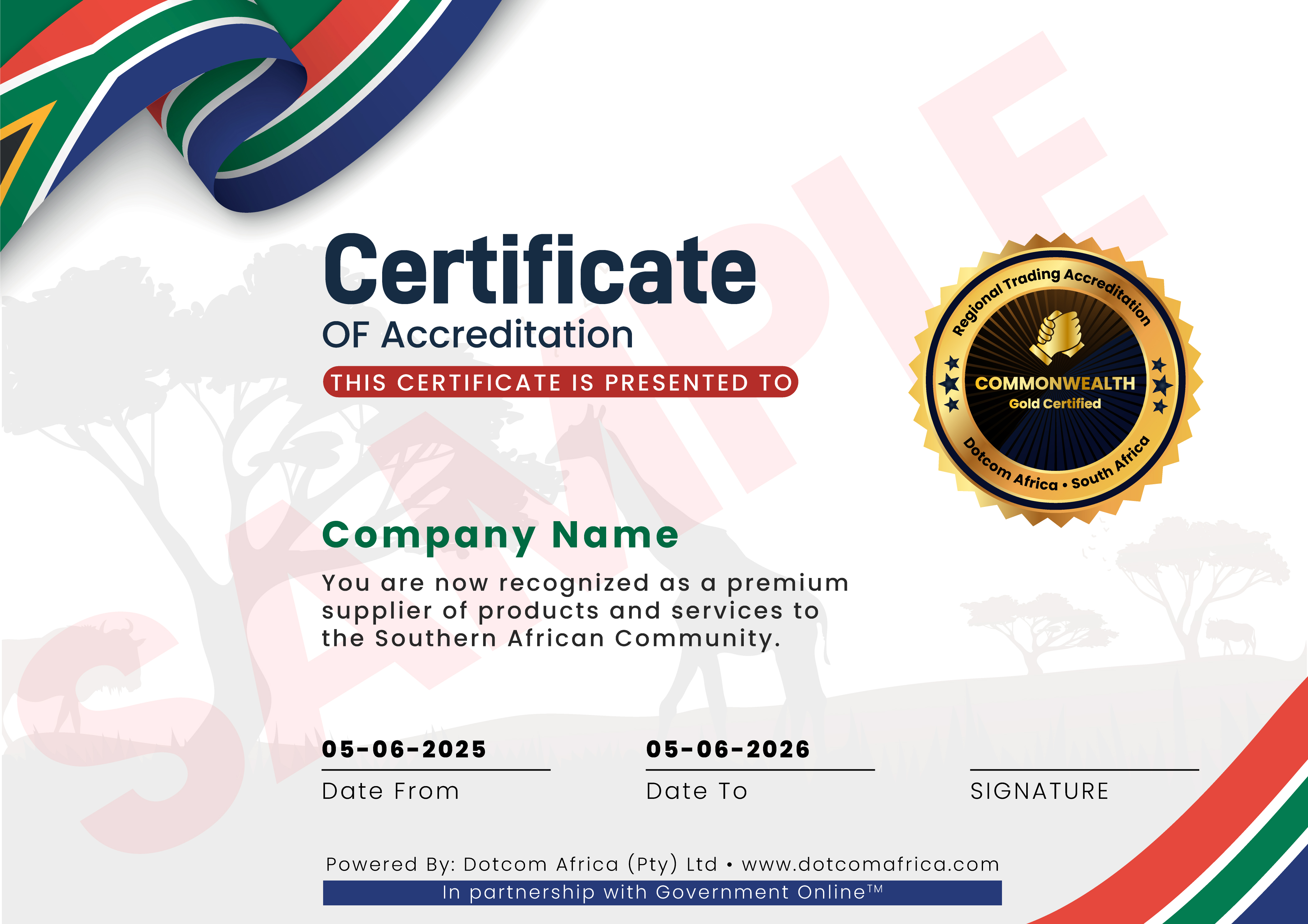 Commonwealth Regional Trading Accreditation sample certificate